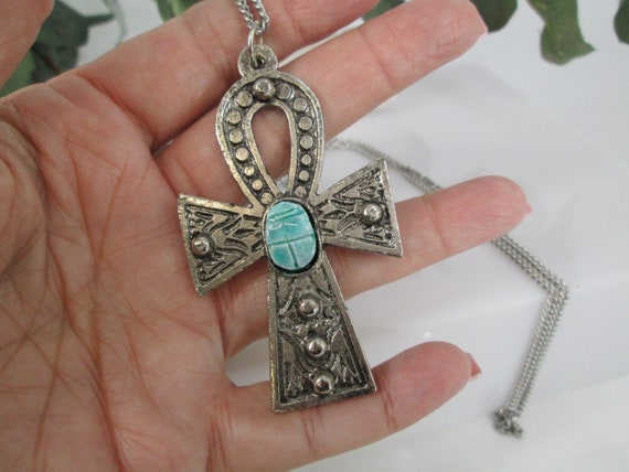 Large Silver ANKH Scarab Necklace>Blue Faience Sc… - image 1