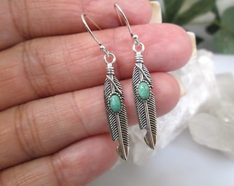 Sterling Genuine Turquoise Feather Earrings>925 Sterling Custom Turquoise Earrings,Southwestern Feather Earrings,Turquoise Feather Earrings