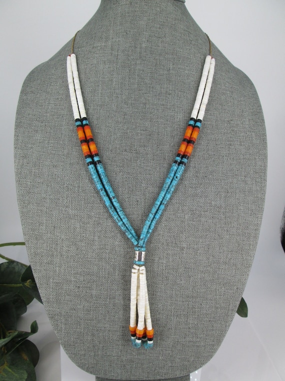 Vibrant Vintage Native American Navajo Kingman Turquoise Coral Shell Heishi Jacla Necklace Vibrant Vintage Native American Navajo Kingman Turquoise Coral Shell Heishi Jacla Necklace