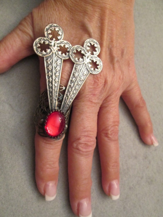 Huge Pewter Ring with RED Glass Stone>Unique Ring… - image 2