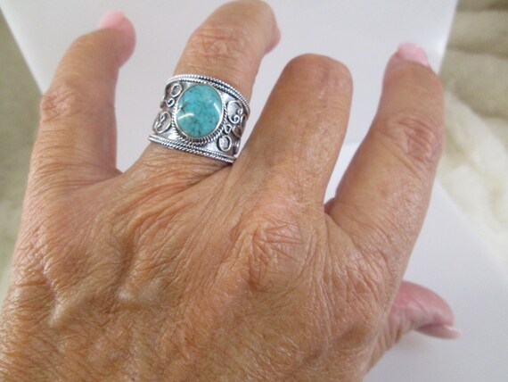 Wide Sterling TURQUOISE Bali Band Ring>Wide Bali … - image 2
