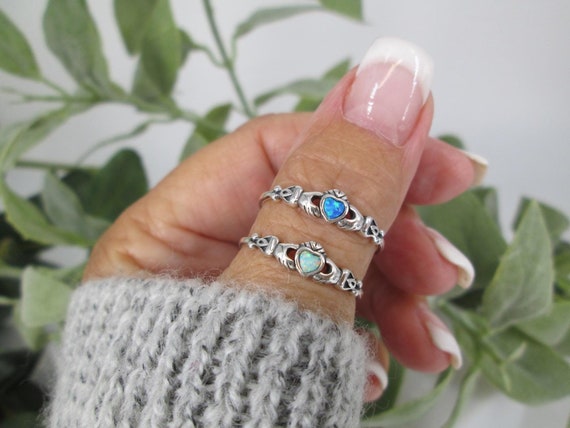 Tiny Claddagh Ring,925 Sterling Opal Claddagh Rin… - image 1