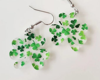 St. Patrick's Day earrings, Green Clover acrylic earrings, Dangle earring gift, Don't get pinched
