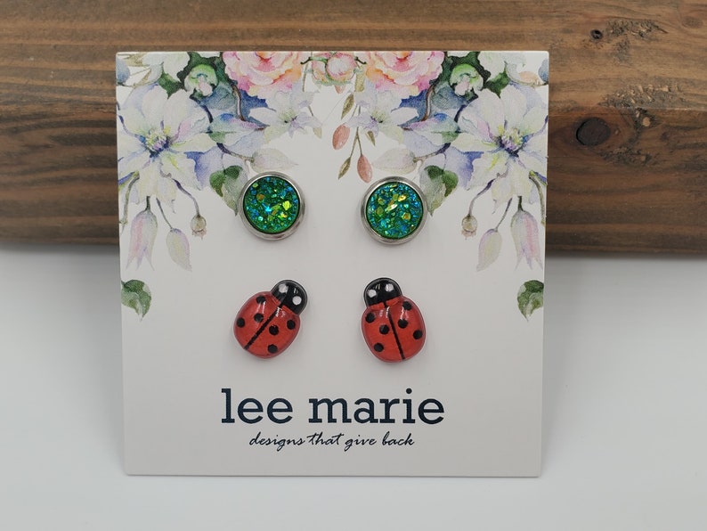 Ladybug Earrings Green Druzy Earrings For Child Gift for Girl Earring Pack Stainless Steel HypoallergenicSafe for Sensitive Ears