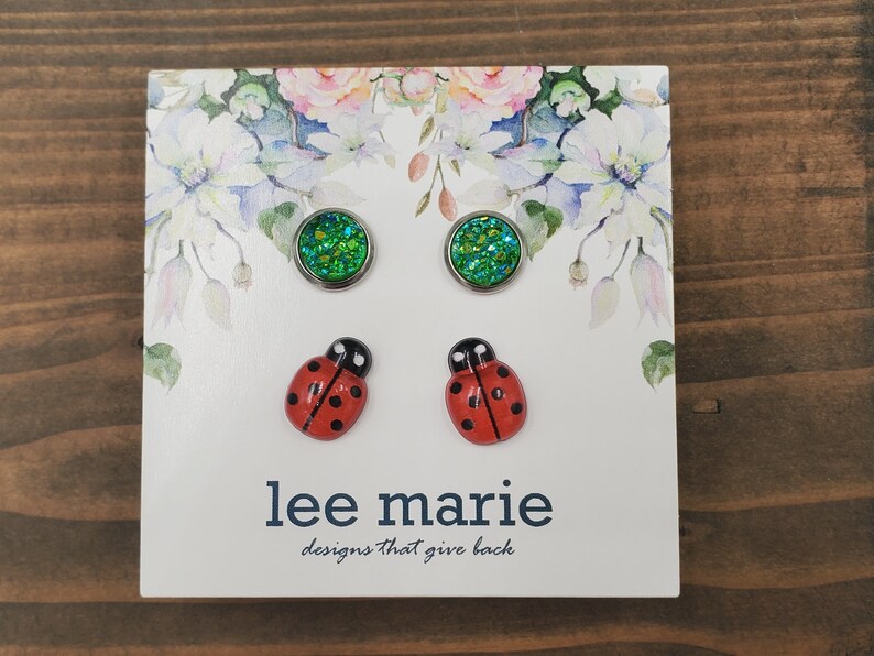 Ladybug Earrings Green Druzy Earrings For Child Gift for Girl Earring Pack Stainless Steel HypoallergenicSafe for Sensitive Ears