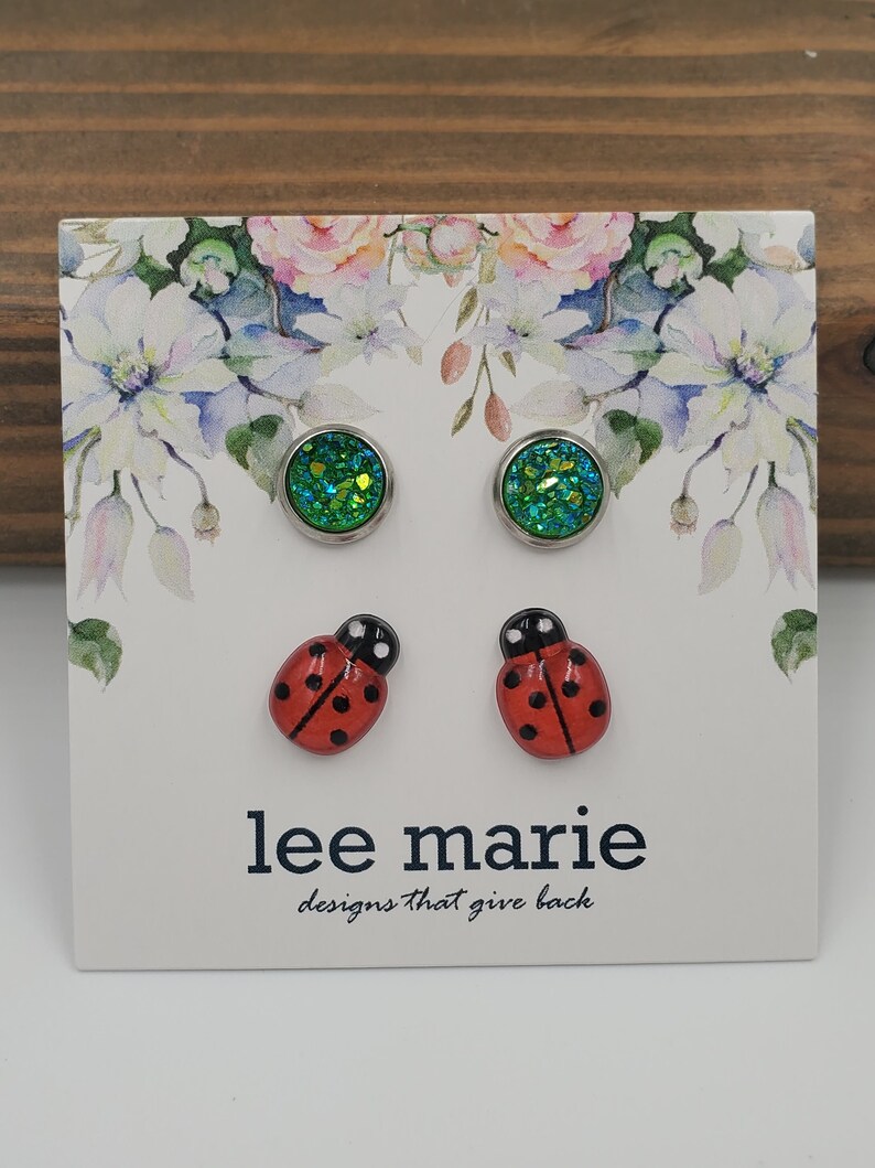 Ladybug Earrings Green Druzy Earrings For Child Gift for Girl Earring Pack Stainless Steel HypoallergenicSafe for Sensitive Ears
