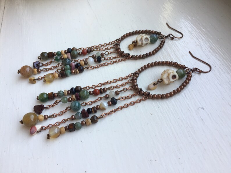 Multi Gemstones Earring Bohemian Skull Earrings Boho Chandelier Earrings with Gemstones