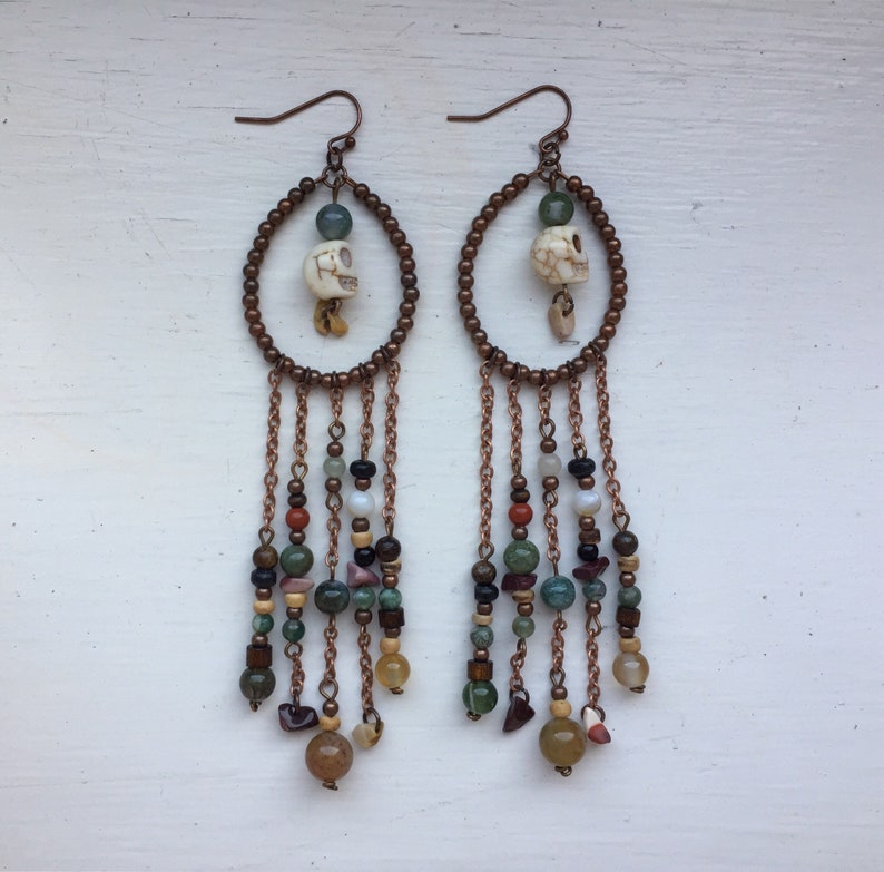 Multi Gemstones Earring Bohemian Skull Earrings Boho Chandelier Earrings with Gemstones
