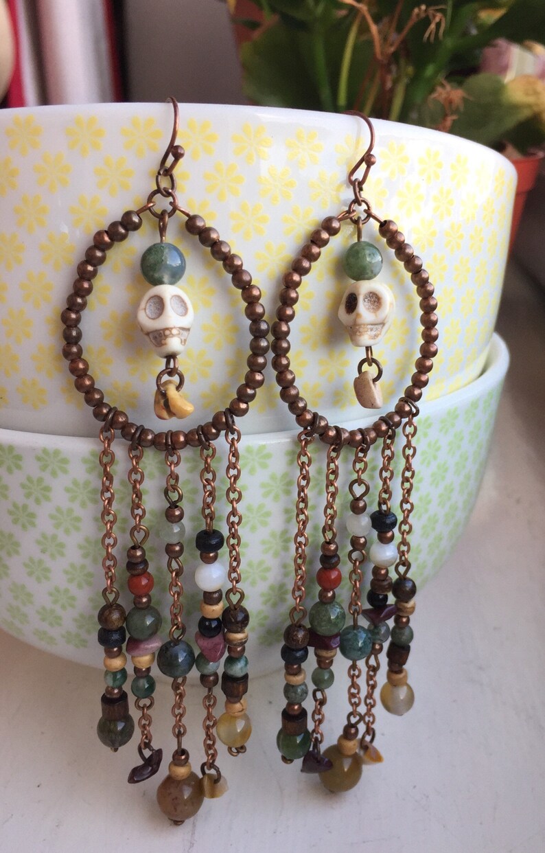 Multi Gemstones Earring Bohemian Skull Earrings Boho Chandelier Earrings with Gemstones