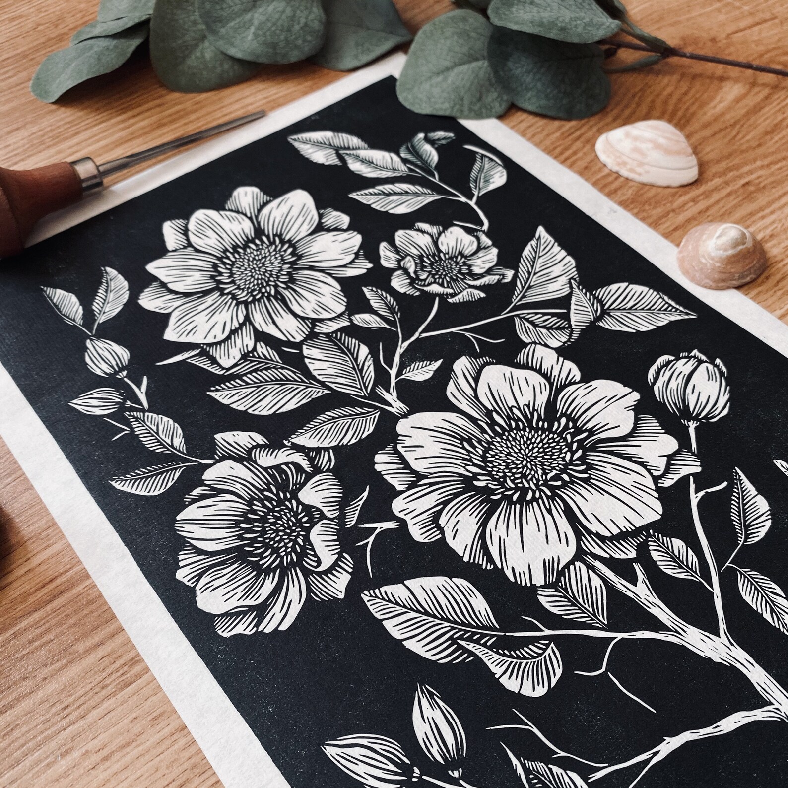 Botanical Linocut Print II Original Flower Themed Lino Print Etsy