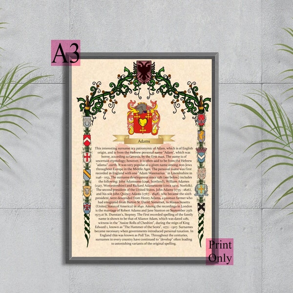 A3 Personalised  Family Surname History Origin  Heraldry Coat of Arms  & Surname History Origin Print,