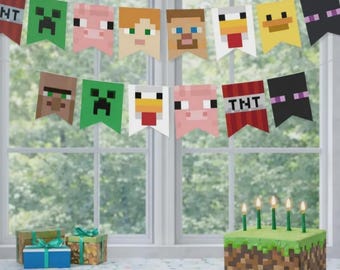Birthday Banner | Mine crafter -  Pixel - Gamer Theme (Digital Download)