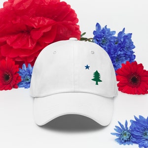May include: White baseball cap with a green pine tree and a blue star embroidered on the front.