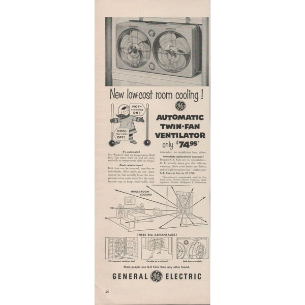 1954 GE General Electric Automatic Twin Fan Vintage Print Ad (L6)