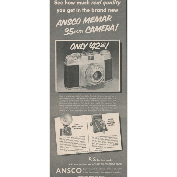 1954 Ansco Memar 35mm Camera Vintage Print Ad (L6)