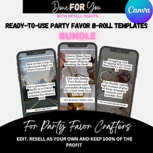 May include: Three phone screen mockups showing tips for making party favors. The text on the screens reads "How to Get Crisp, Professional Edges on Party Cutouts!", "How to Make Party Favors That WOW Guests Without Breaking the Bank!" and "Struggling with Wrapping Mini Candy Bars? Here's the Trick!"