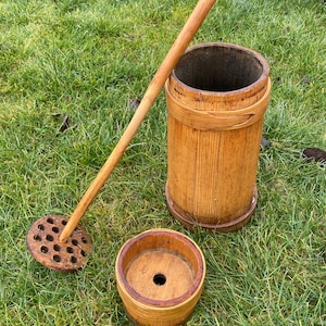 Vintage wooden butter churn with iron ringsOld wooden bowl Oil chopping device Rustic wooden vessel Home Kitchen decor Antique Gift for her