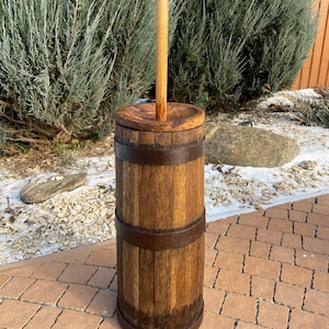 Vintage wooden butter churn with iron ringsOld wooden bowl Oil chopping device Rustic wooden vessel Home Kitchen decor Antique Gift for her