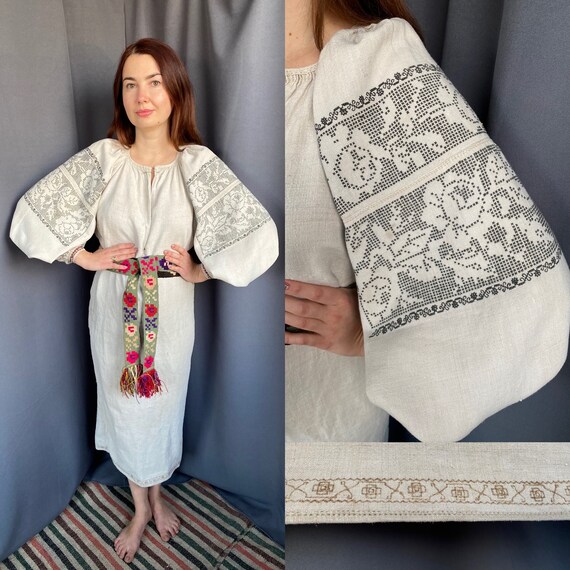 Black embroidering! Hemp homespun Eco dress Comple
