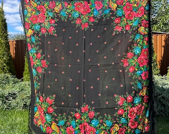 Vintage Ukrainian Floral Wool Shawl – Black Folk Scarf with Bright Roses, Traditional Eastern European Headscarf, Large Square Wrap,