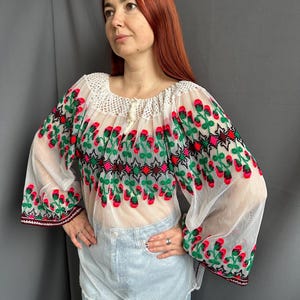 Romanian vintage berry embroidered blouse Top Ethnic shirt Hippie style Wear traditional Gift for chemise outfit Otd Hungarian blouse