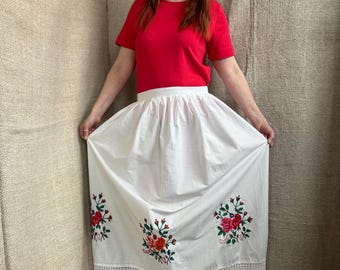 Embroidered Ukrainian Linen Skirt – Handcrafted Cross-Stitch Folk Art, White Vintage Handmade Skirt, Adjustable Waist
