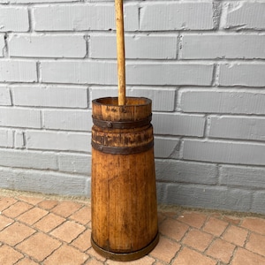 Vintage wooden butter churn with iron ringsOld wooden bowl Oil chopping device Rustic wooden vessel Home Kitchen decor Antique Gift for her