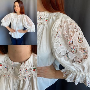 Romanian blouse  Hungarian blouse Vintage Romanian blouse Embroidered blouse Antique smock Collared blouse Chemise Edwardian style