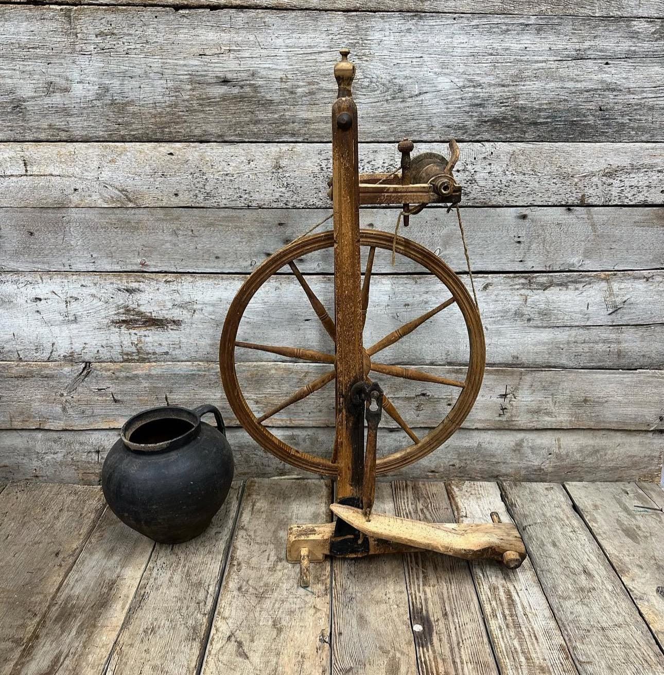 Working Spining Wheel Antique Working Manual Spinning Wheel Vintage Spinning Tool Early 20th ...
