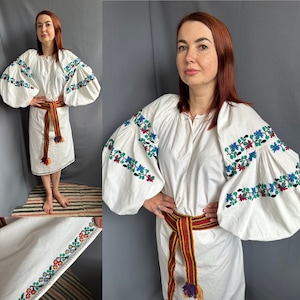 Besticktes Kleid Antike chemise Leinenkleid Antiker Kittel Vintage Outfit Ukraine-Stickerei Komplett handgemacht