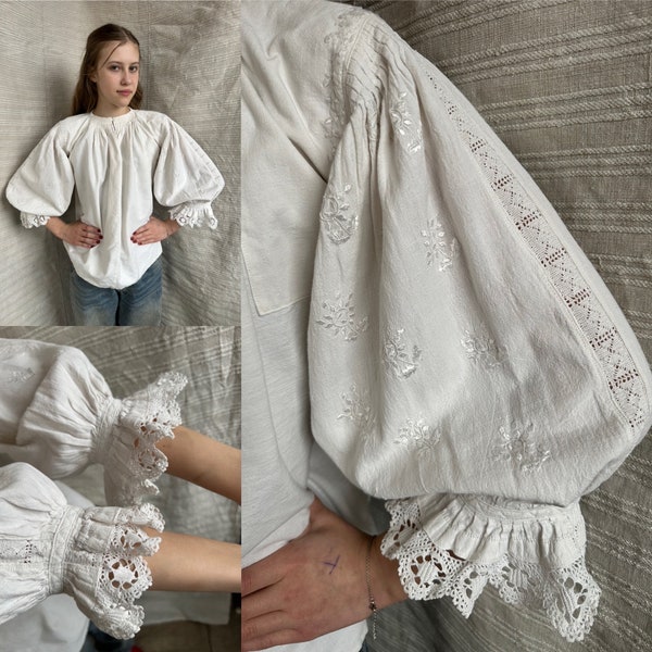 Embroidered blouse Romanian blouse for a girl Hungarian blouse Antique smock Puffy sleeves Chemise Embroidered shirt White embroidered Linen