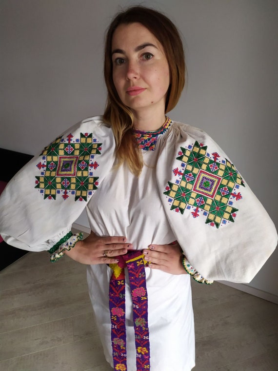 Antique Ukrainian dresses Vintage vushyvanka Homespun hemp Incredible black embroidery