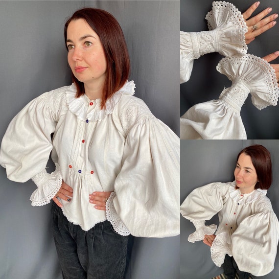 Romanian blouse Romanian costume Bio linen Puffy … - image 1