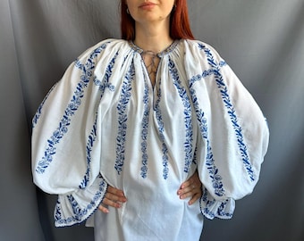 Vintage Roemeense geborduurde blouse jaren 40 – boho-folk top met pofmouwen – handgemaakt etnisch katoenen shirt – cadeau voor haar