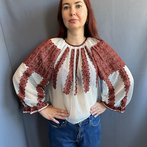 May include: A white sheer blouse with long sleeves and a round neckline. The blouse features intricate embroidery in a rust-brown color.
