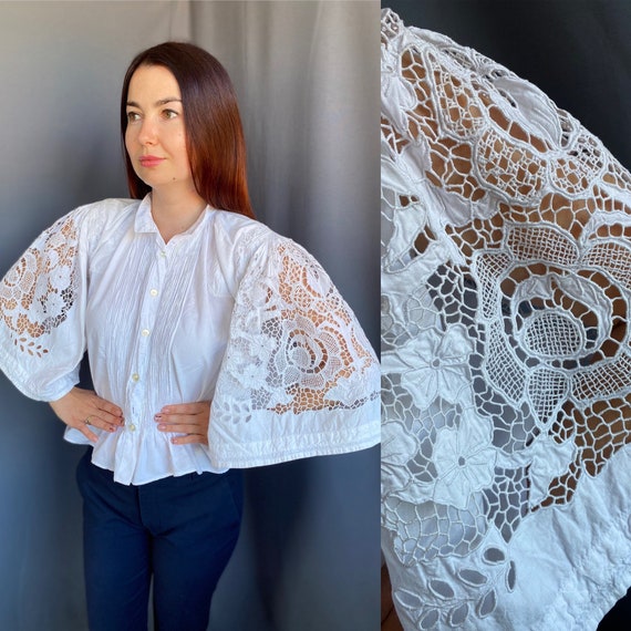 ヴィンテージ ルーマニア レース 刺繍 ブラウス アンティーク スモック