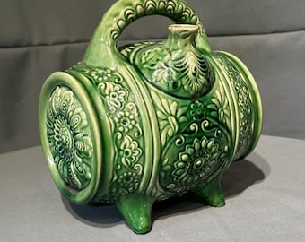 Vintage Oekraïense opishnia majolica vatvaas, groen geglazuurd keramiek, Oekraïense volkskunst, rustiek cottagedecor