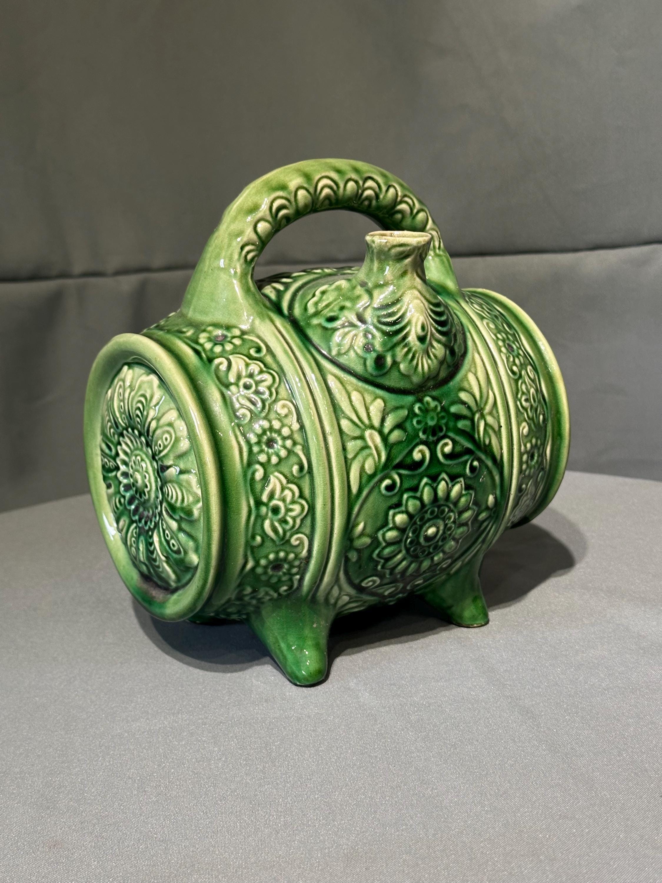 Vintage Ukrainian Opishnia Majolica Barrel Vase, Green Glazed Ceramic, Folk Art, Rustic Cottage Decor