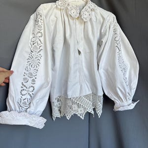 1920s Romanian Folk Blouse • Antique Hand Embroidered Linen Shirt • Crochet Collar & Ruffled Cuffs • Size S–M