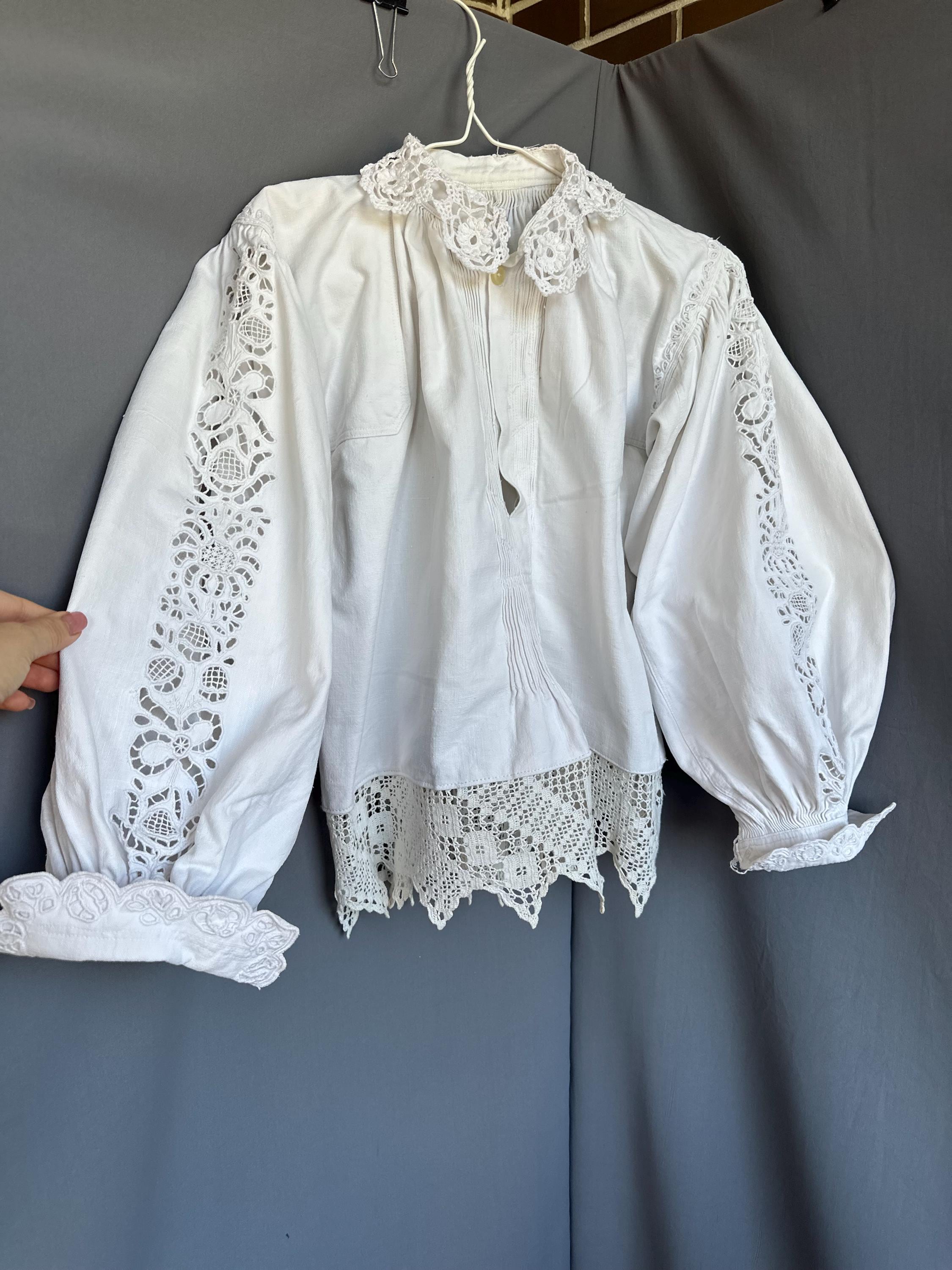 トップス 1920's antique Rumania embroidery tunic Vintage 1930s Romanian Folk Dress White Linen Black Floral Hand