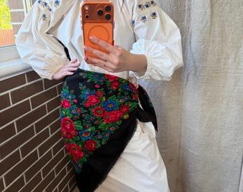 Vintage Ukrainian Vyshyvanka Dress, Antique Embroidered  Puffy Sleeve Maxi