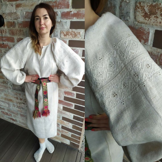 White embroidery!Vintage Dress Vyshyvanka Homespu