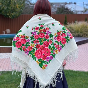 Oekraïense wollen sjaal met vingers Vintage sjaal piano grote sjaal Pavlovo Posad babushka-stijl bloemensjaal cadeau voor haar Houstka