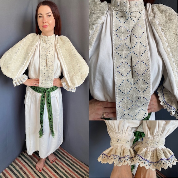 ベージュのルーマニアドレス – ヴィンテージ刺繍リネン民族衣装 