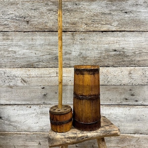 Vintage wooden butter churn with iron ringsOld wooden bowl Oil chopping device Rustic wooden vessel Home Kitchen decor Antique Gift for her