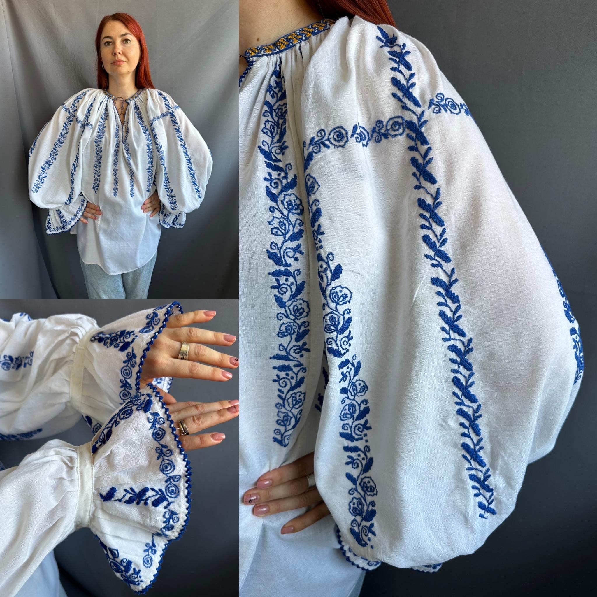 1940s Blue Embroidered Romanian Blouse S 【公式通販】