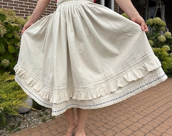 Jupe Vintage Lin Blanc - Faite Main, Doublée, Taille S - Style été Genou - France