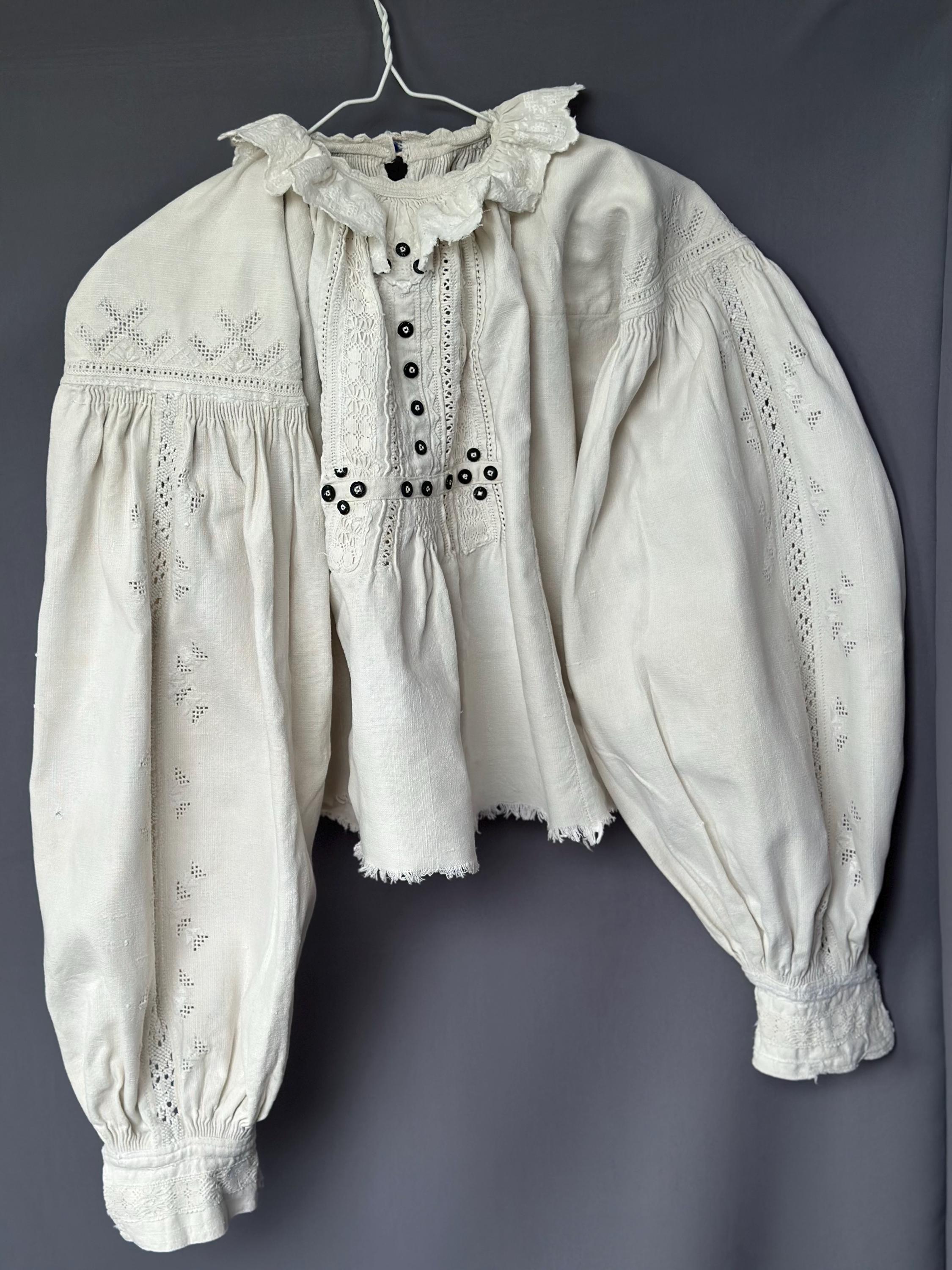 Hand embroidered Romanian folk blouse with blue embroidery