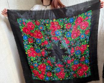 Vintage Ukrainian Wool Shawl Floral Black Folk Scarf Large Square Wrap