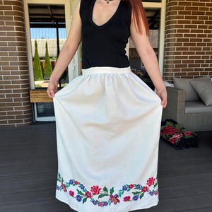 Embroidered Ukrainian Linen Skirt – Handcrafted Cross-Stitch Folk Art, White Vintage Handmade Skirt, Waist 85 cm, Adjustable